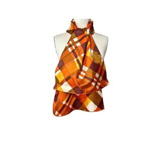 1970s Theresa Ahrens NY Orange Tan Yellow Brown Acetate Oblong Plaid Scarf Wrap